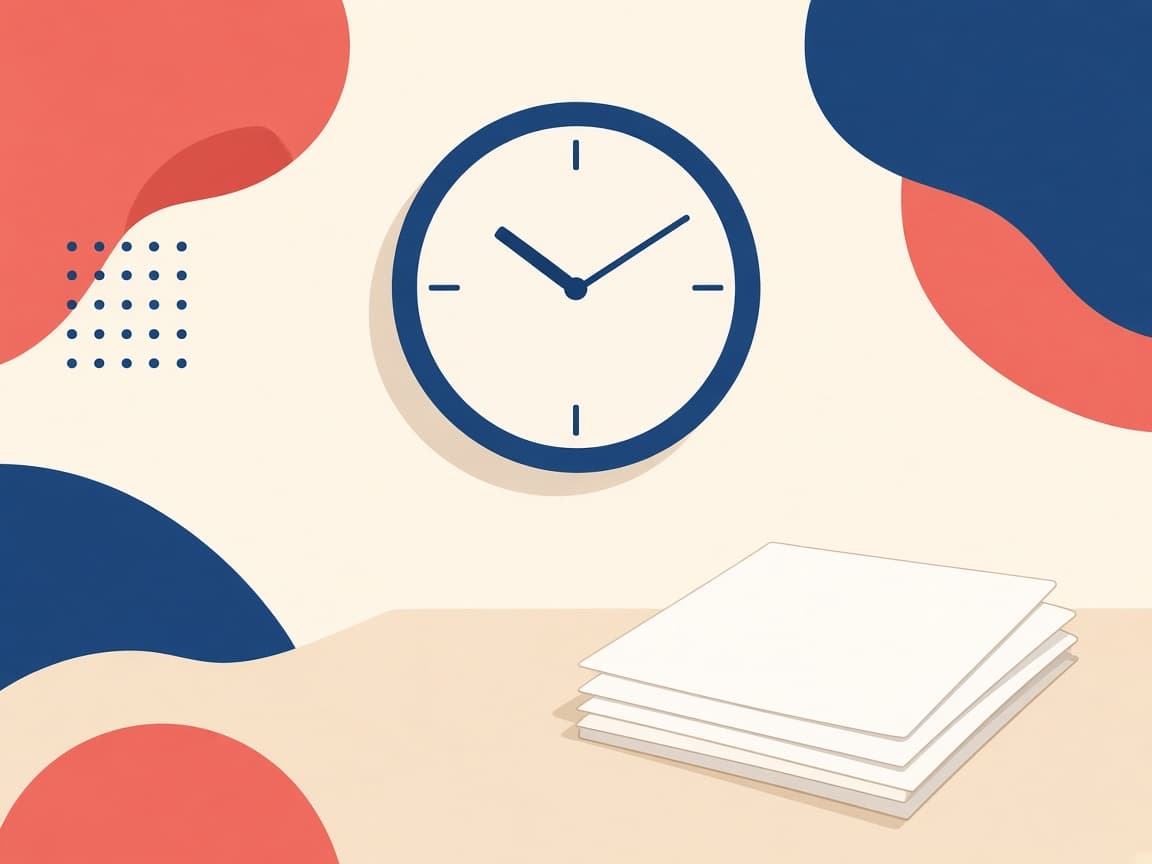 A clock beside a stack of papers