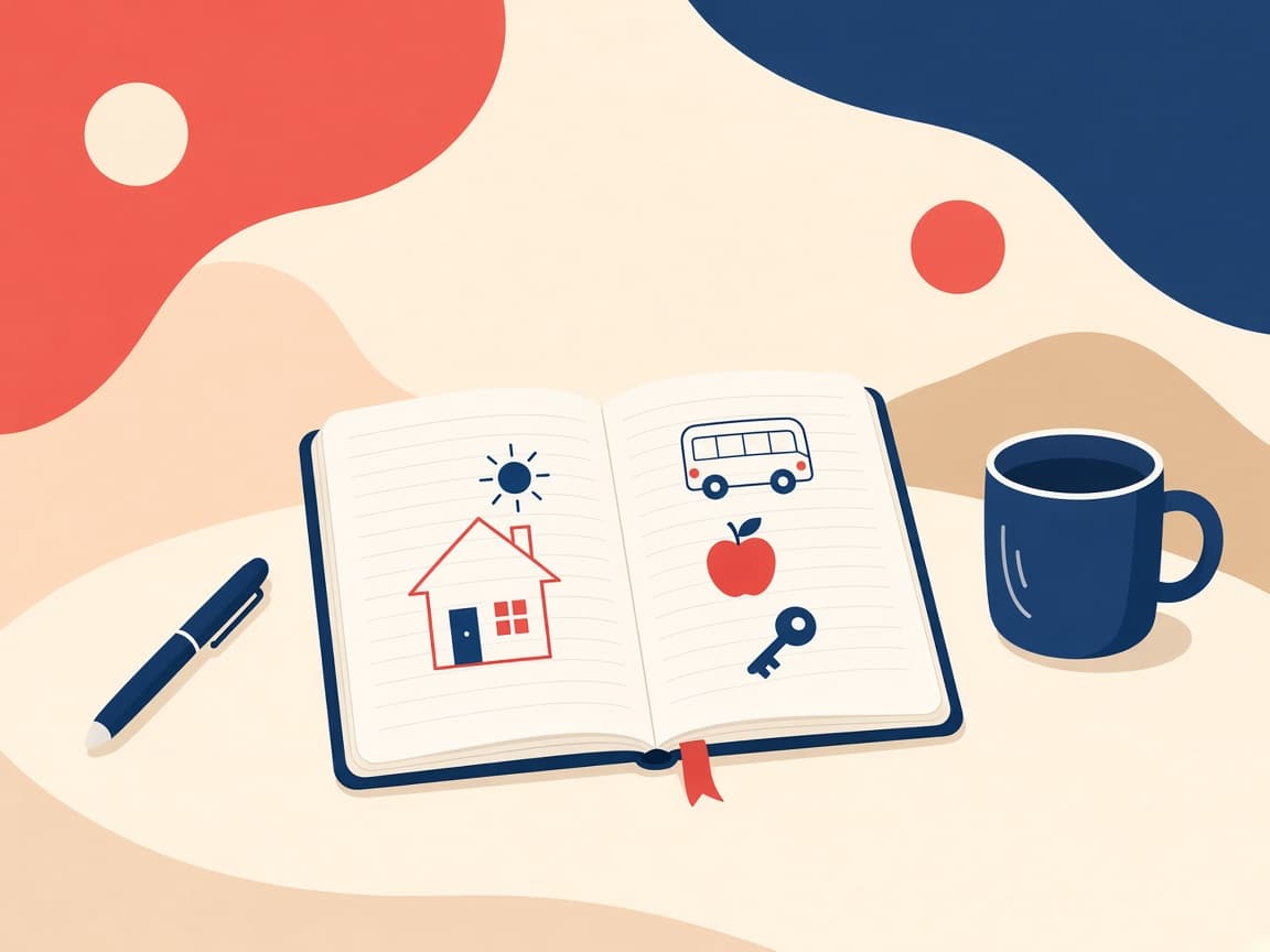 A notebook with a house, a bus, an apple, and a key